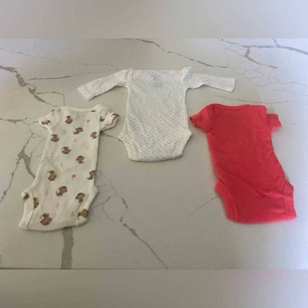 Baby girl carters 3 onesies premie pink white polka dot heart I am loved monkey